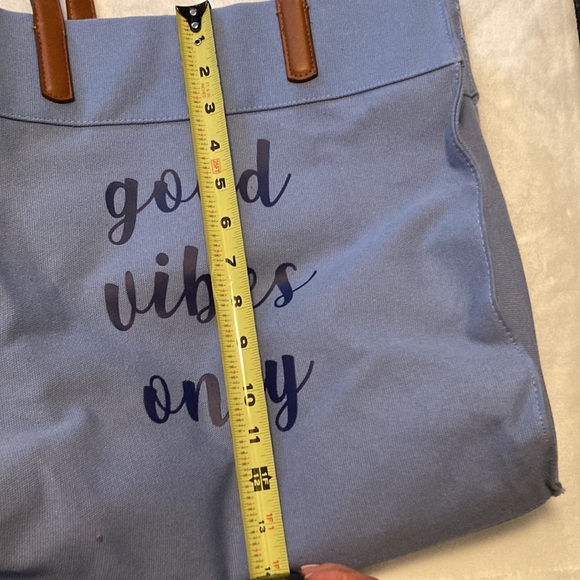 Good Vibes Only canvas tote light blue with blue script faux leather straps - Picture 2 of 4